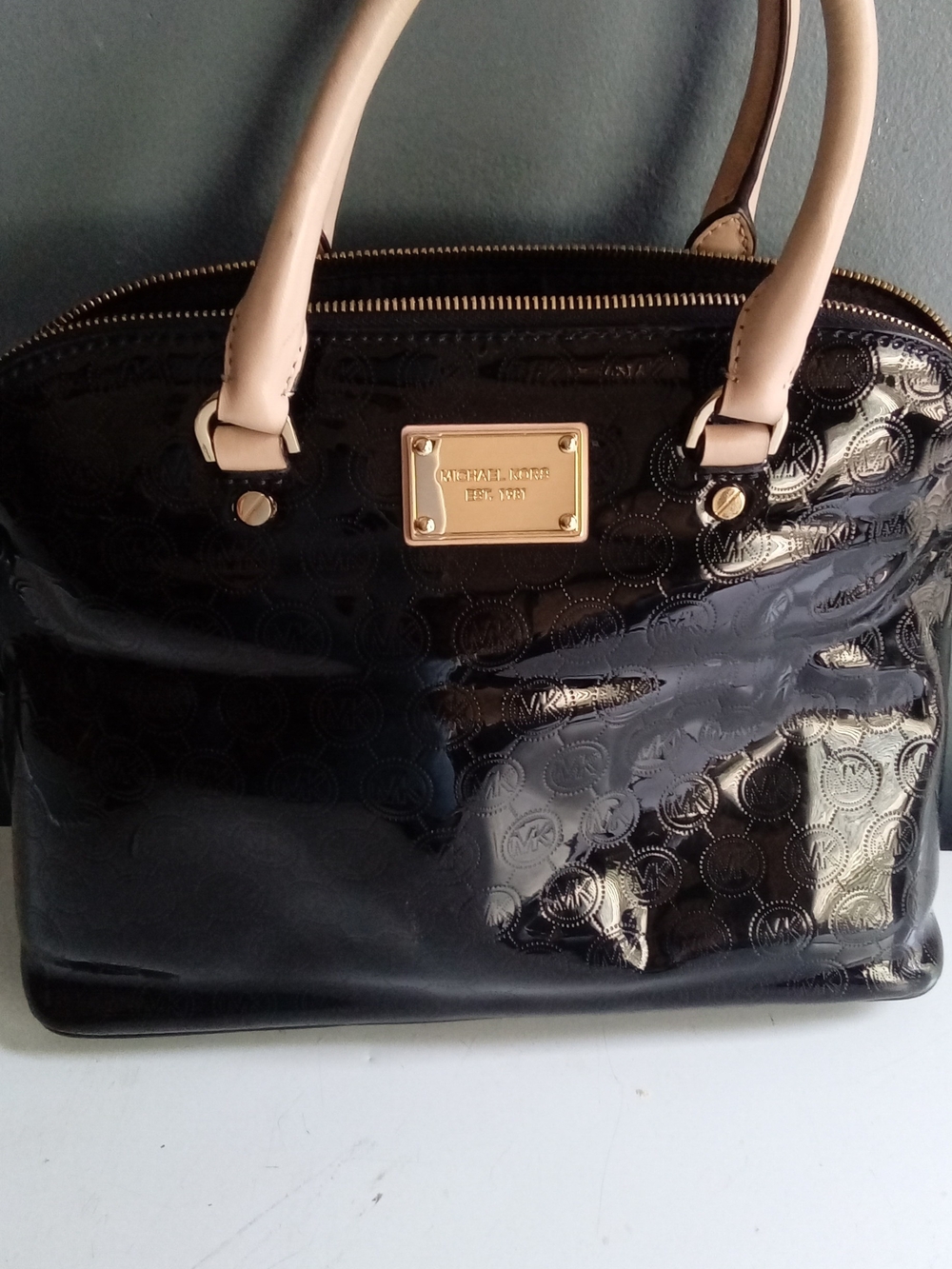Michael Kors Black Patent Leather Monogram Satchel Bag Gold Hardware